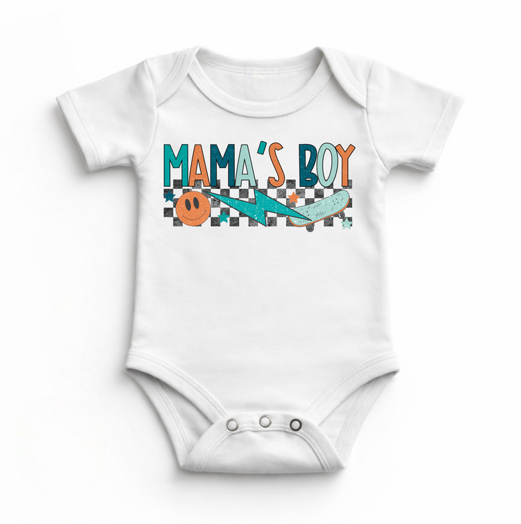 Mama’s Boy Baby Bodysuit | Retro Skate Infant Outfit | Cool Boy Baby Clothes | Checkerboard Lightning Graphic