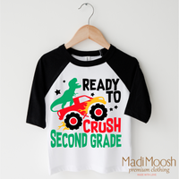 I'm Ready To Crush 2nd Grade Dinosaur Monster Truck design on a black-accented shirt.
