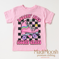 Rollin Into Second Grade Back To School design on a pink garment.