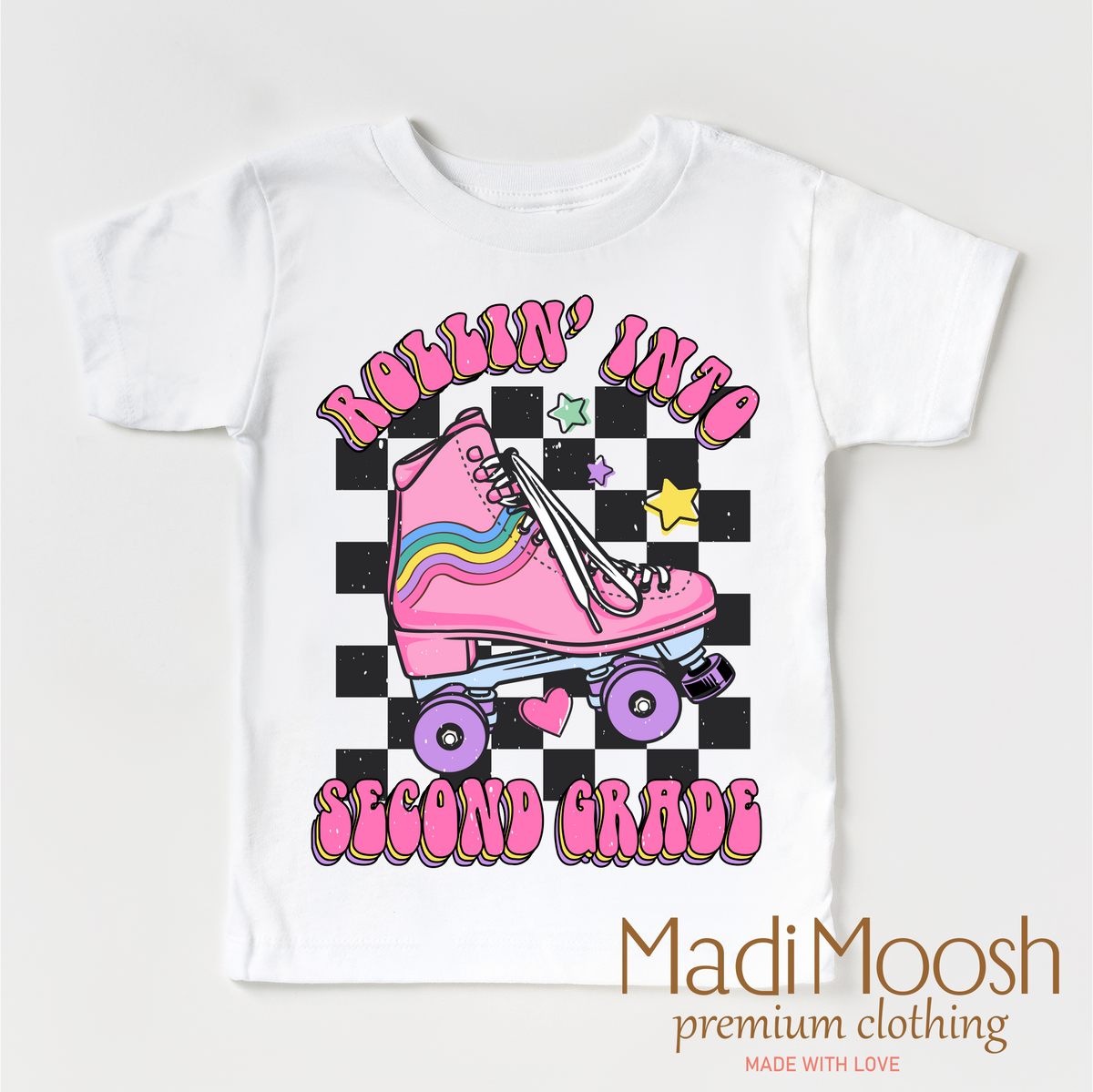 Rollin Into Second Grade Back To School design on a white garment.