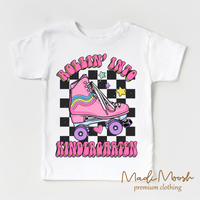 Rollin Into Kindergarten Back To School design on a white short sleeve T-shirt.