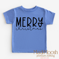 Classic Merry Christmas design on a blue garment.