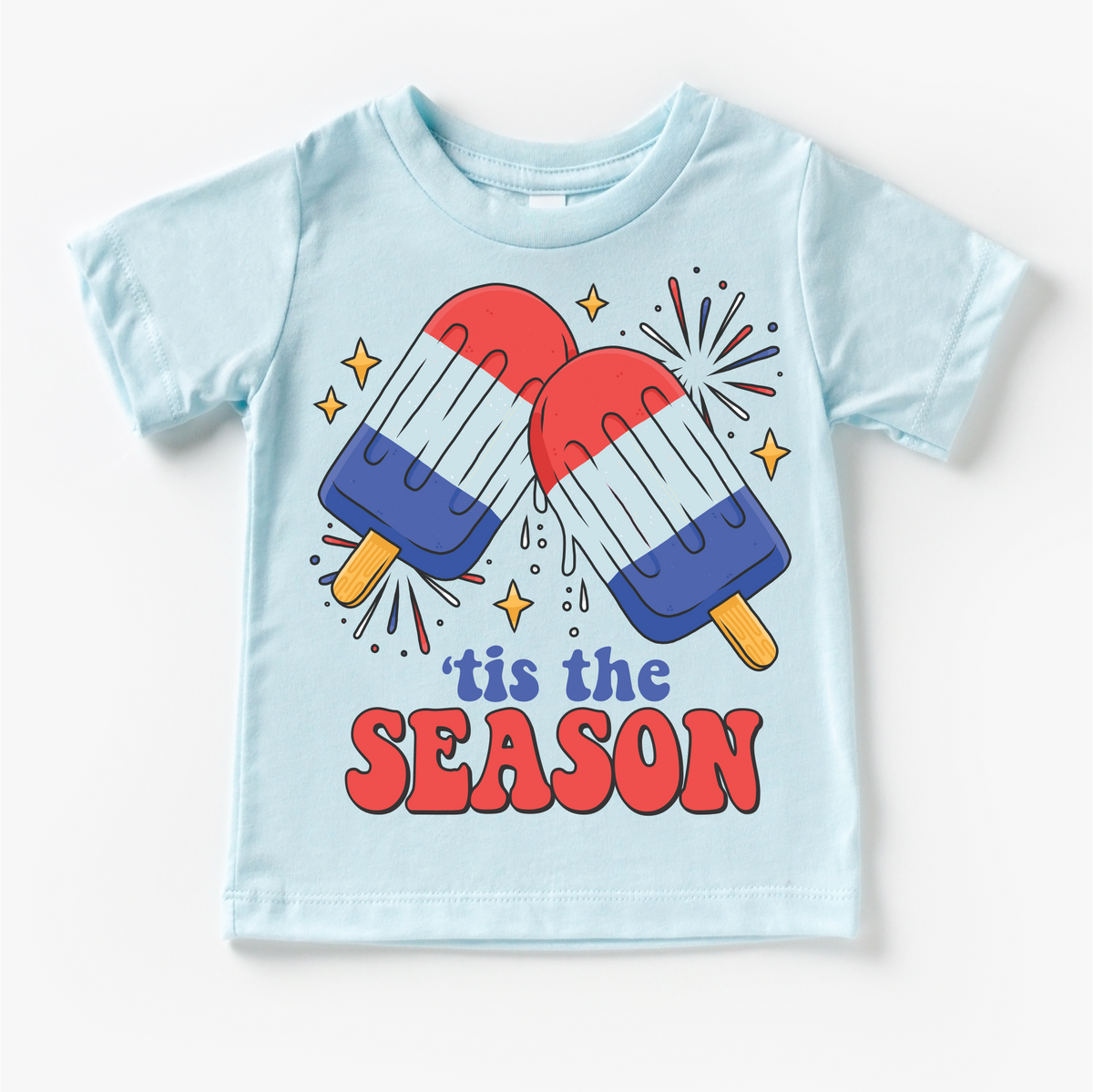 Tis The Season 4th Of July design on a blue garment.