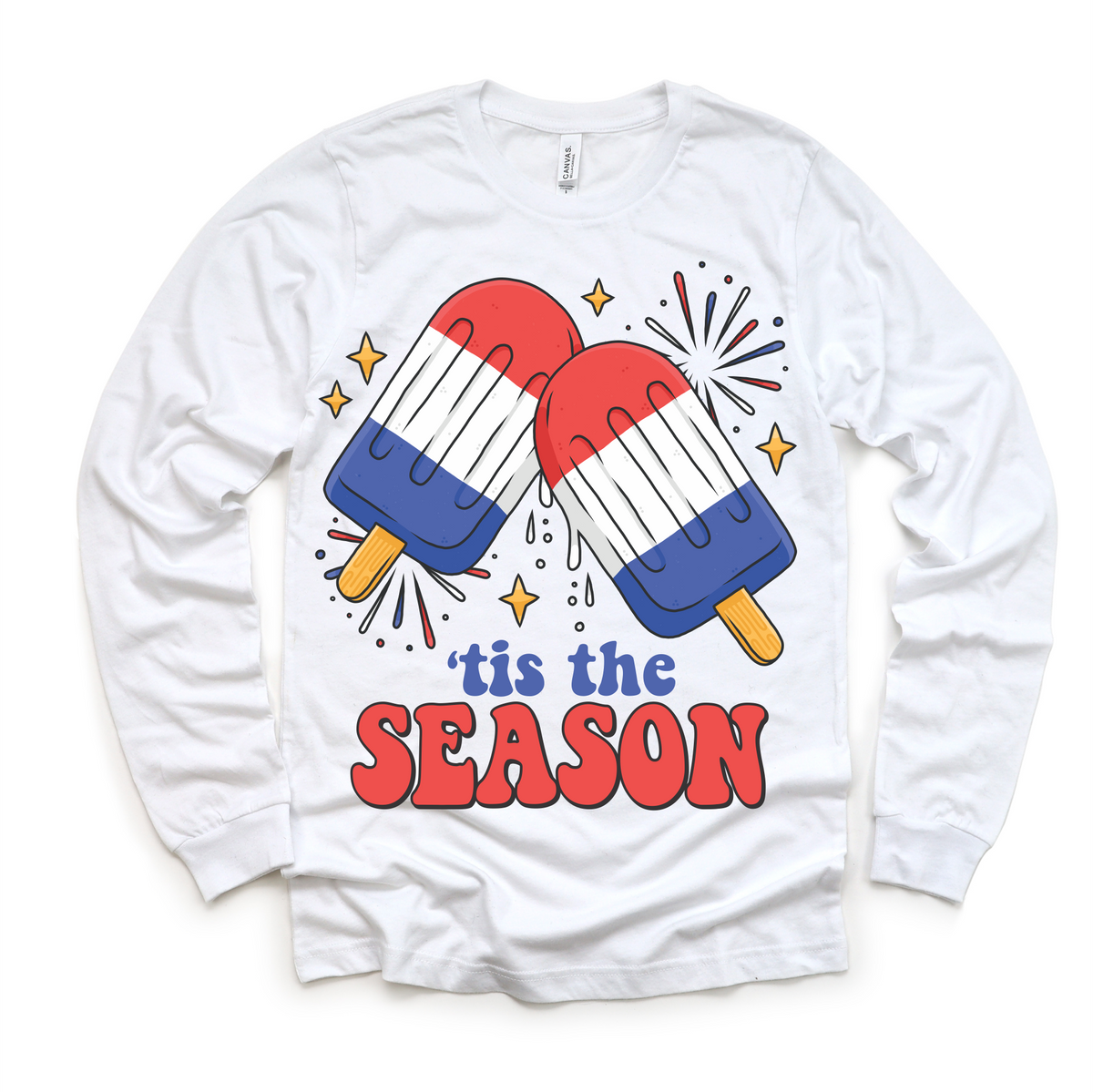 Tis The Season 4th Of July design on a long sleeve shirt.