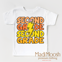 Second Grade Lightning Bolt design on a white short sleeve T-shirt.
