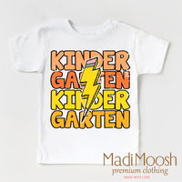 Kindergarten Lightning Bolt design on a white short sleeve T-shirt.