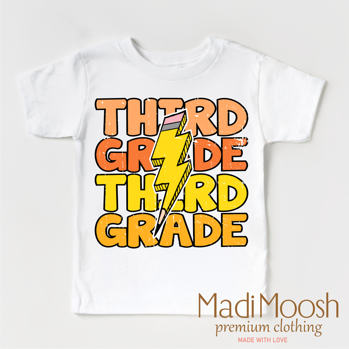 Third Grade Lightning Bolt design on a white short sleeve T-shirt.