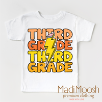 Third Grade Lightning Bolt design on a white short sleeve T-shirt.
