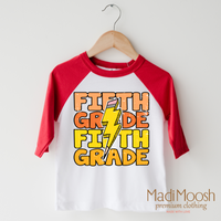 Fifth Grade Lightning Bolt design on a raglan shirt with red sleeves.