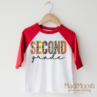 Second Grade Leopard design on a raglan shirt with red sleeves.