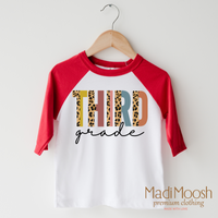 Third Grade Leopard design on a raglan shirt with red sleeves.