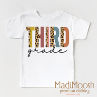 Third Grade Leopard design on a white short sleeve T-shirt.