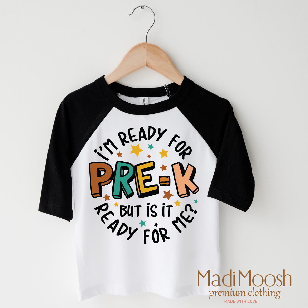 I'm Ready For Pre-K design on a raglan shirt with black sleeves.