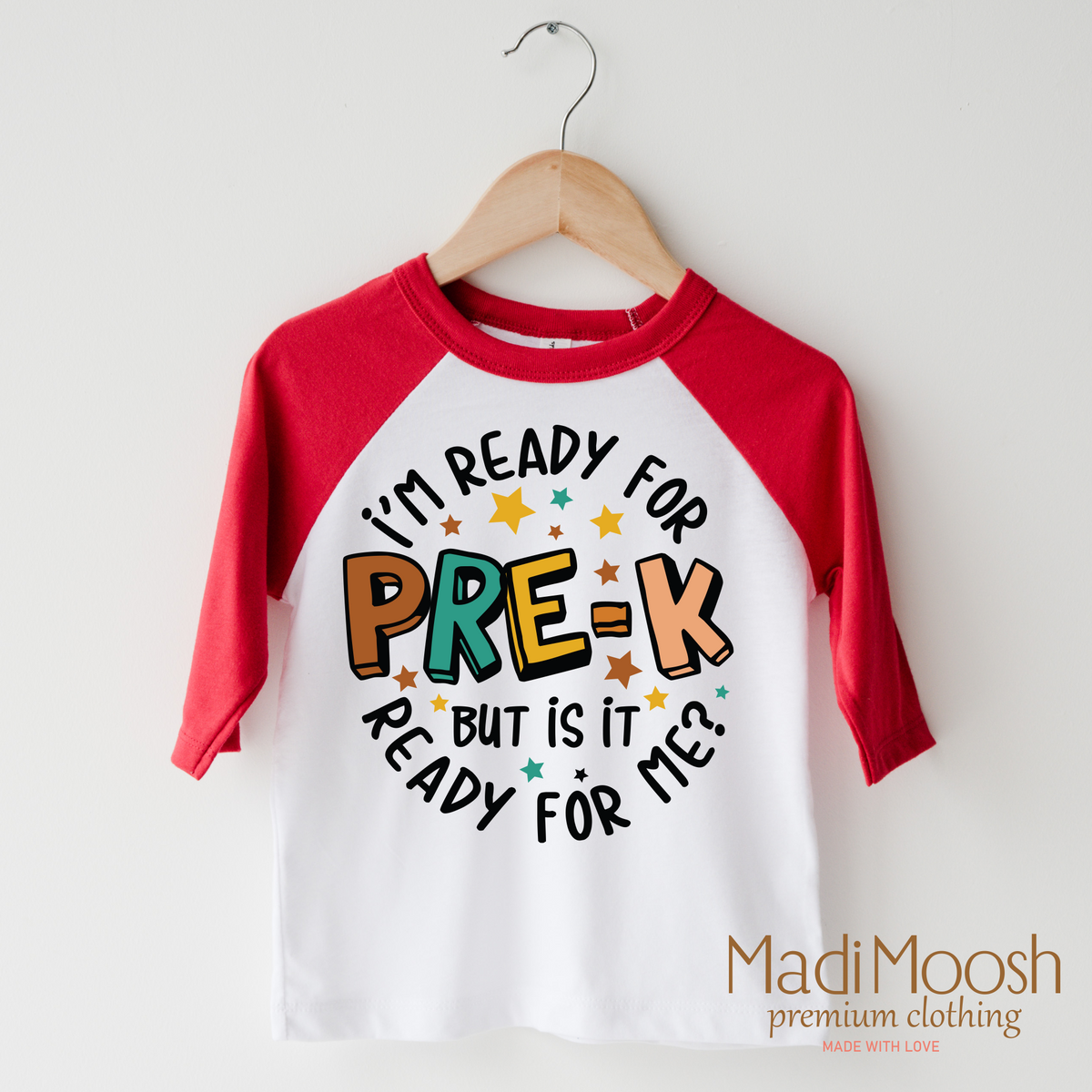 I'm Ready For Pre-K design on a raglan shirt with red sleeves.