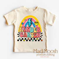 Kindergarten Rainbow School graphic T-shirt by Madi Moosh