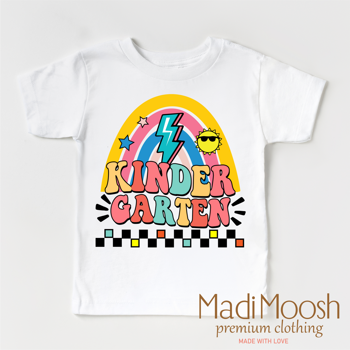 Kindergarten Rainbow School design on a white short sleeve T-shirt.
