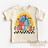 Third Grade Rainbow School design on a natural kids T-shirt.