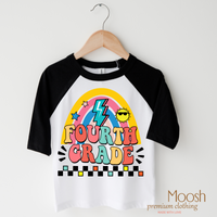 Third Grade Rainbow School design on a raglan shirt with black sleeves.