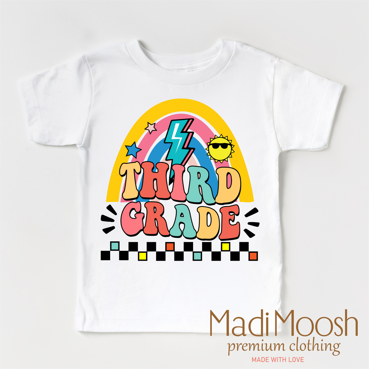 Third Grade Rainbow School graphic T-shirt by Madi Moosh