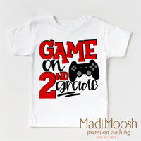Game On Second Grade Back To School design on a white short sleeve T-shirt.