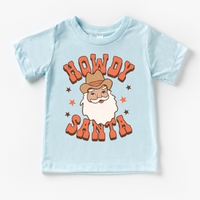 Howdy Santa Christmas T-Shirt- Kids Christmas design on a blue garment.