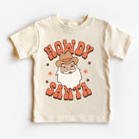 Howdy Santa Christmas T-Shirt- Kids Christmas design on a natural garment.