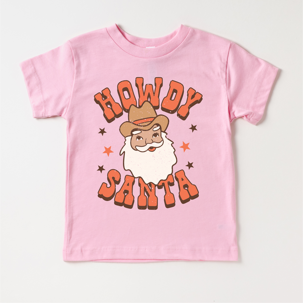 Howdy Santa Christmas T-Shirt- Kids Christmas design on a pink garment.
