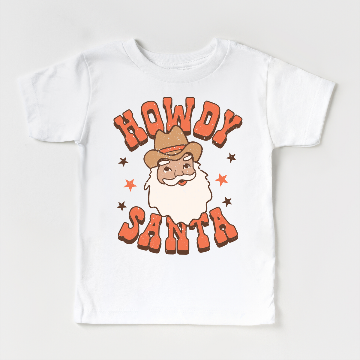 Howdy Santa Christmas T-Shirt- Kids Christmas design on a white garment.