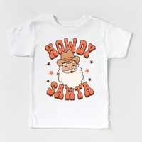Howdy Santa Christmas T-Shirt- Kids Christmas design on a white garment.