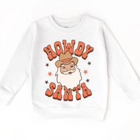 Howdy Santa Christmas design on a white sweatshirt.
