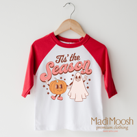 Tis The Season design on a raglan shirt with red sleeves.