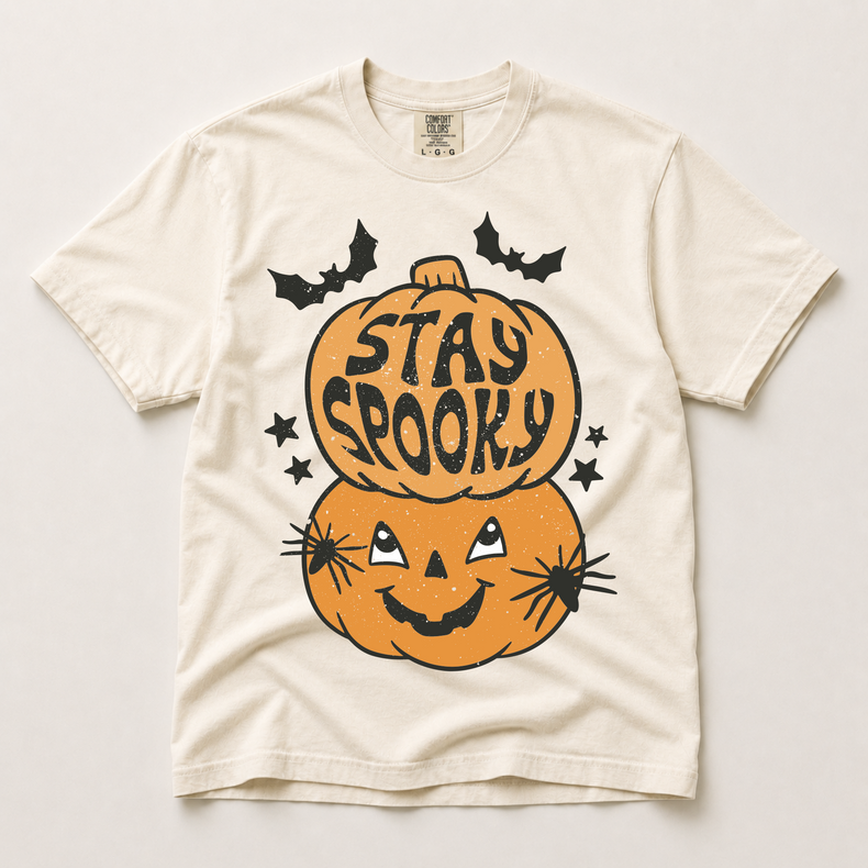 Stay Spooky stacked pumpkin Halloween graphic on an ivory Comfort Colors T-shirt