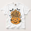 Stay Spooky stacked pumpkin Halloween graphic on a white Comfort Colors T-shirt