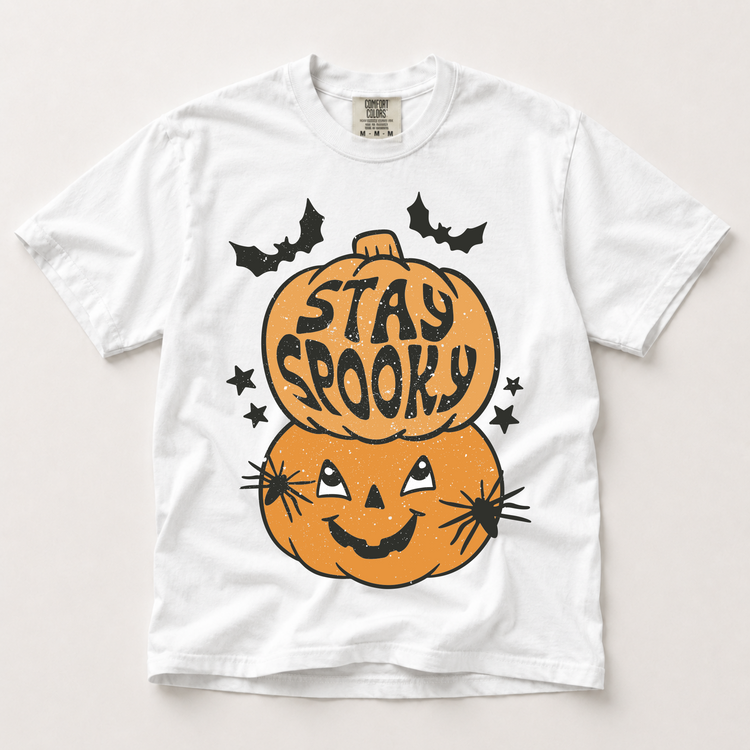 Stay Spooky stacked pumpkin Halloween graphic on a white Comfort Colors T-shirt