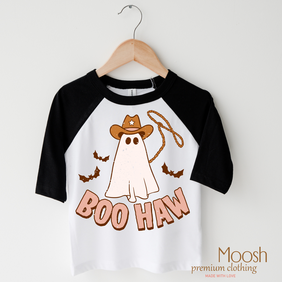 Boo Haw Ghost design on a raglan shirt with black sleeves.
