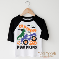 Cushing Pumpkins design on a raglan shirt with black sleeves.