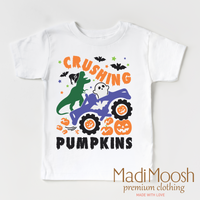 Cushing Pumpkins design on a white short sleeve T-shirt.