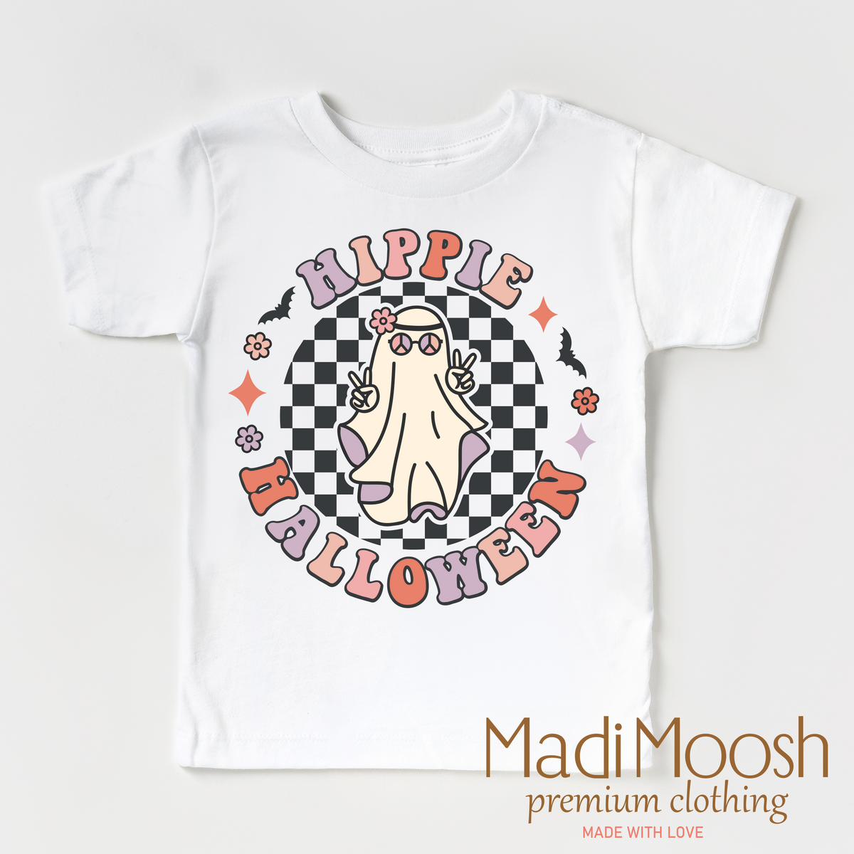 Hippie Halloween Ghost design on a white short sleeve T-shirt.