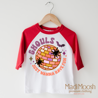 Ghouls Just Want To Have Fun design on a raglan shirt with red sleeves.
