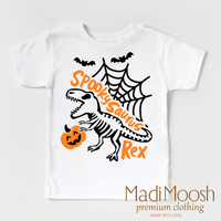 Spookysauras Dinosaur design on a white short sleeve T-shirt.