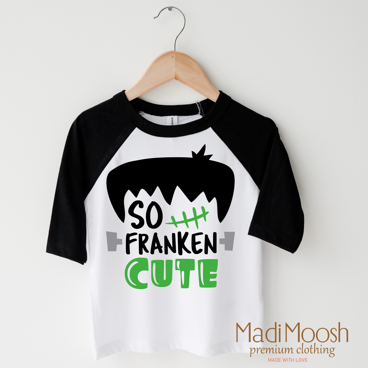 So Franken Cute design on a raglan shirt with black sleeves.
