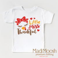 Little Miss Thankful design on a white short sleeve T-shirt.
