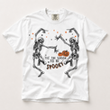 Tis the Season to Be Spooky dancing skeleton graphic on a white Comfort Colors T-shirt