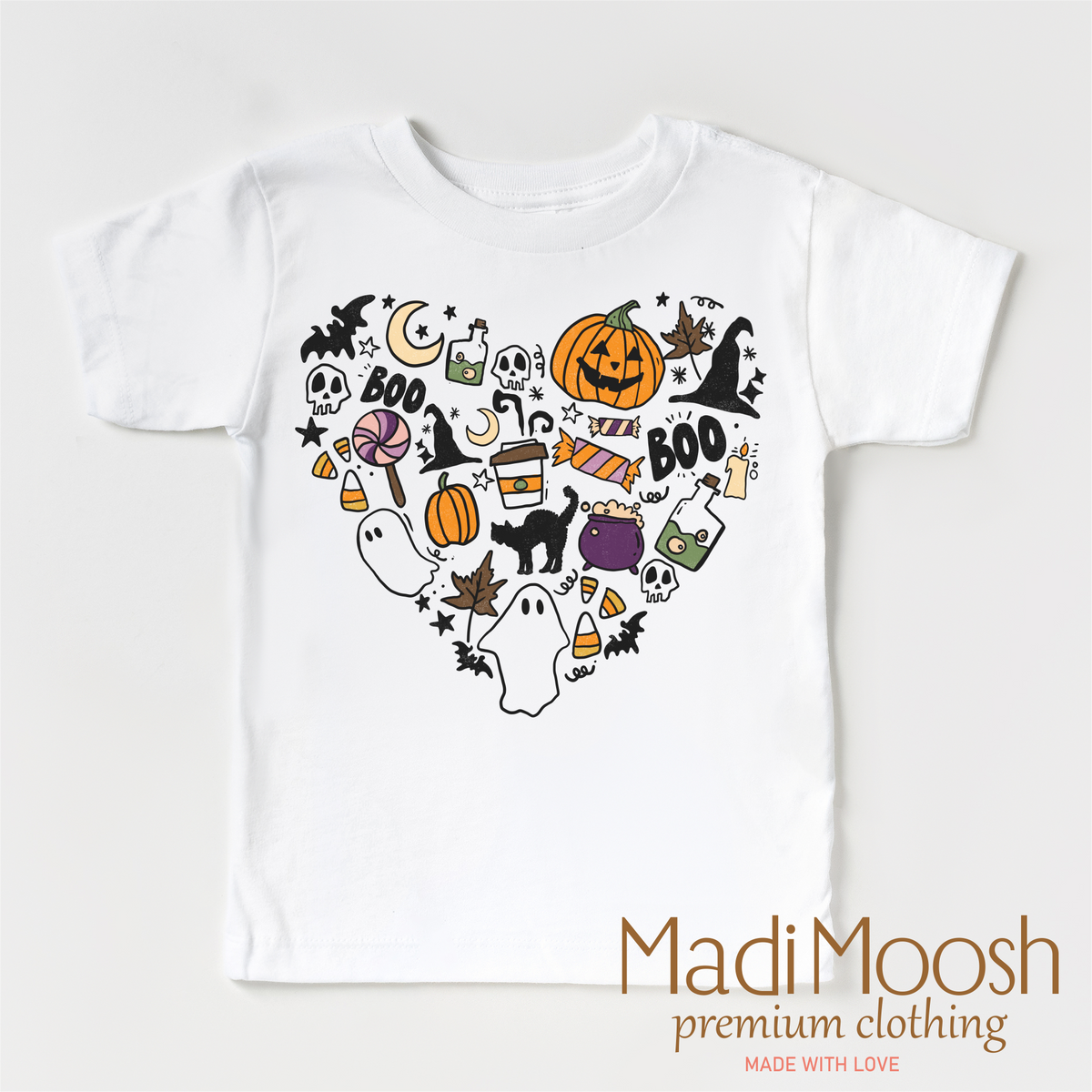 I Love Halloween Heart design on a white short sleeve T-shirt.