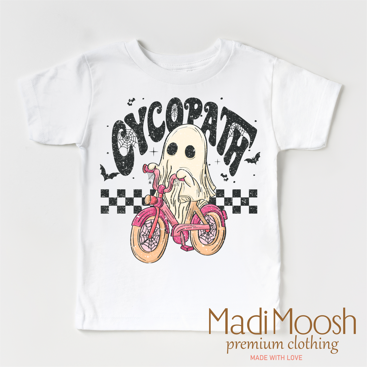 Cycopath Girls Ghost design on a white short sleeve T-shirt.