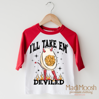 I'll Take Them Deviled Eggs design on a raglan shirt with red sleeves.