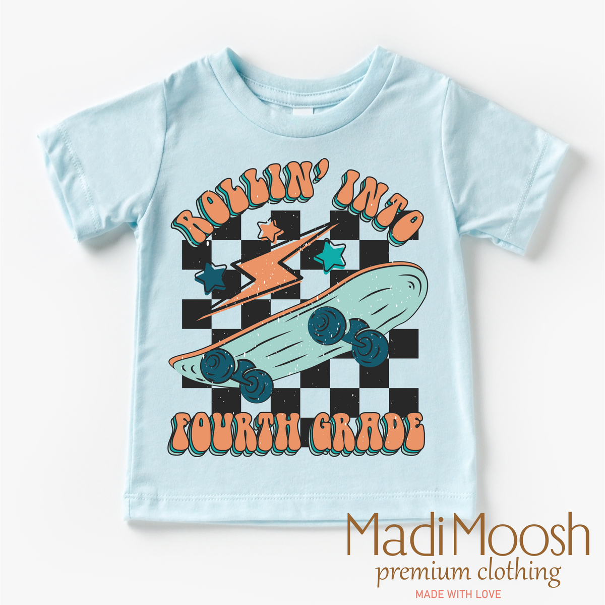 Rollin' Into 4th Back To School design on a blue garment.