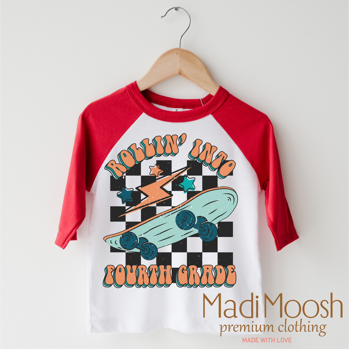 Rollin' Into 4th Back To School design on a red-accented shirt.