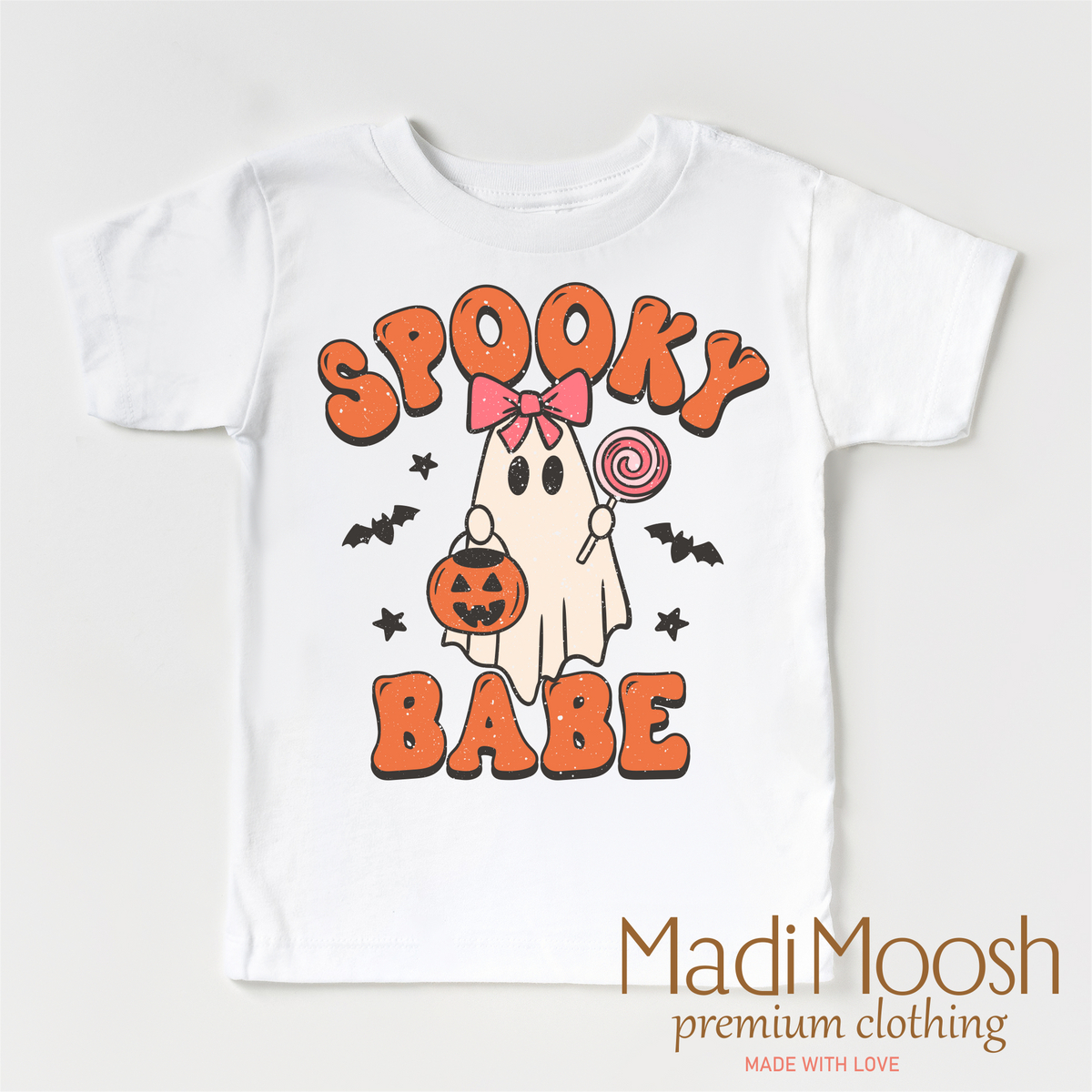 Spooky Babe design on a white short sleeve T-shirt.