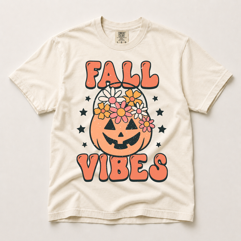 Fall Vibes floral jack-o'-lantern graphic on an ivory Comfort Colors T-shirt